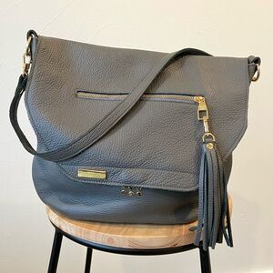 Gray Leather Shoulder Bag with Tassel Accent